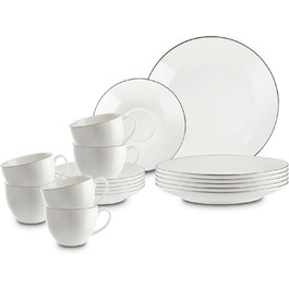 Сервіз для кави на 6 осіб з порцеляни, 18 предметів: 6 тарілок для десерту, 6 чашок, 6 підставок. Білий з чорним обідком.