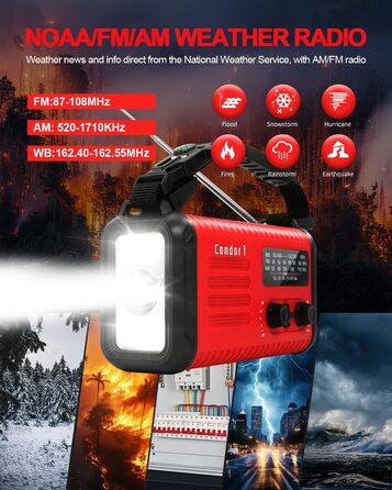 Радіо Kurbelradio на сонячній енергії 20000mAh з AM/FM, SOS-сигналом, LED-ліхтариком та USB-зарядкою, червоне