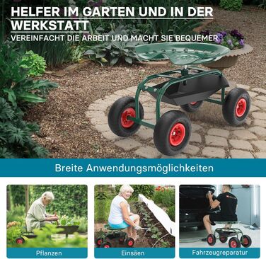 Wiltec Garden Wagon with Storage Area up to 150kg, Garden Chairs with Tires, Garden Trolley for Gardening, Workshop Wagon, Mobile Work Cart, Garden Seat, Mobile