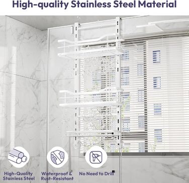 SWTYMIKI Adjustable Hanging Shower Shelf - No-Drill Shower Shelf for Glass Door, Stainless Steel Shower Shelf with Hooks and Soap Holder, Shampoo Holder for Shower, White