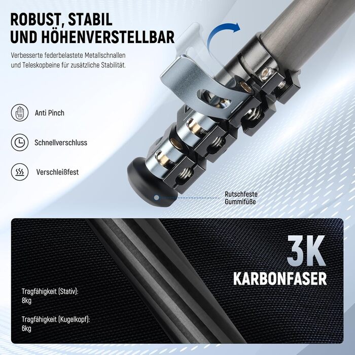 Карбоновий штатив Neewer LT36 (184 см) з кулястою головкою 360°, легкий трипід для відеокамер та фотоапаратів, Arca-Swiss QR-платформа, сумісність з Peak Design Capture V3