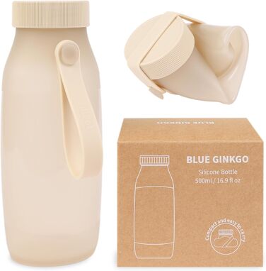 BLUE GINKGO Collapsible Water Bottles [2-Pack] – Lightweight, foldable silicone bottles for travel, hiking, and camping (500ml, Made in Korea, Beige) (500 ml, Sand Beige)