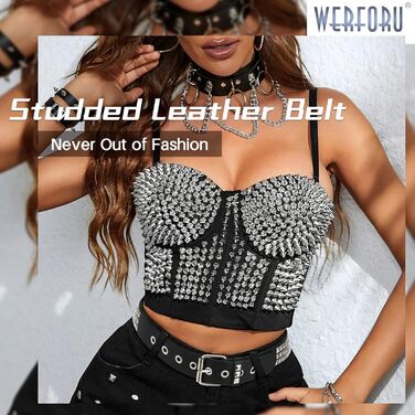 Лідер шкіряний ремінь з пряжками WERFORU - Пряжка Punk Rock, для жінок та чоловіків, розмір 90-100 см (A-чорний)