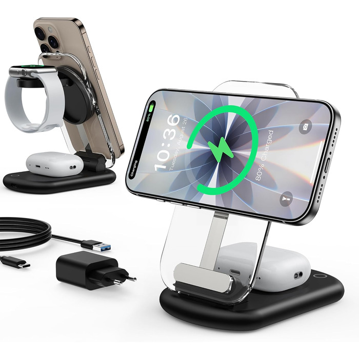 Зарядний пристрій MagSafe 3-в-1 для iPhone 17/16/15/14/13/12 Pro Max/Air/Plus/Pro та Apple Watch 10/9, AirPods 3/2/Pro, чорний