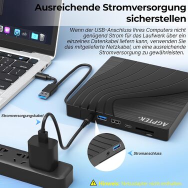 Зовнішній DVD-накопичувач AGPTEK USB 3.0 Slim CD/DVD-брунер з картридером TF/SD для ноутбука, MacBook, Windows, Linux, Mac OS