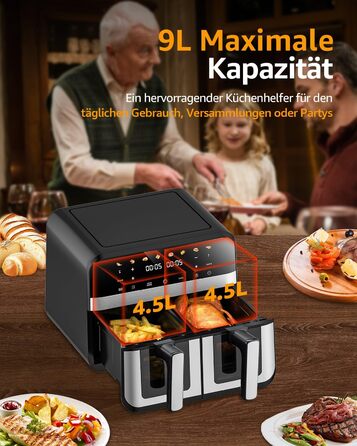 Фритюрниця повітряна Jacgood з 2 кошиками, 1800W, 9L, цифрове керування, 8 меню, з прозорим вікном