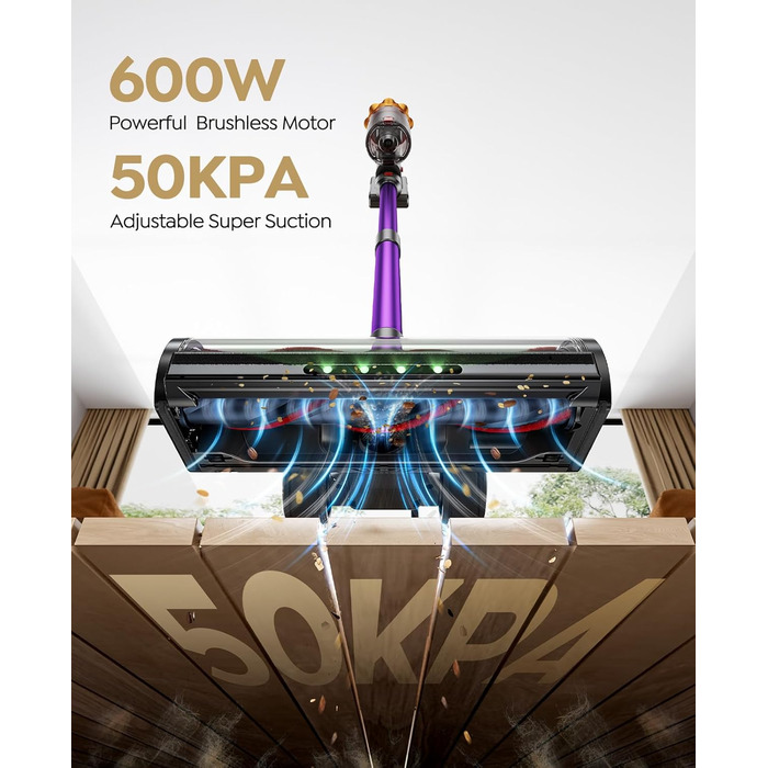 Бездротовий акумуляторний пилосос 550W, 45KPA, для дому, 60 хв роботи, з док-станцією, автоматичний режим, знімна батарея, сенсорний екран