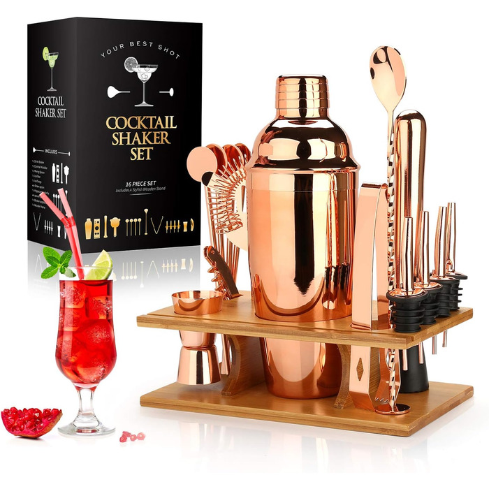 Sovyime Cocktail Set Cocktail Shaker 750ml Bartender Set, 16-Piece Stainless Steel Bar Cocktail Accessories with Wooden Stand, Perfect Home Kitchen Gift for Men Women