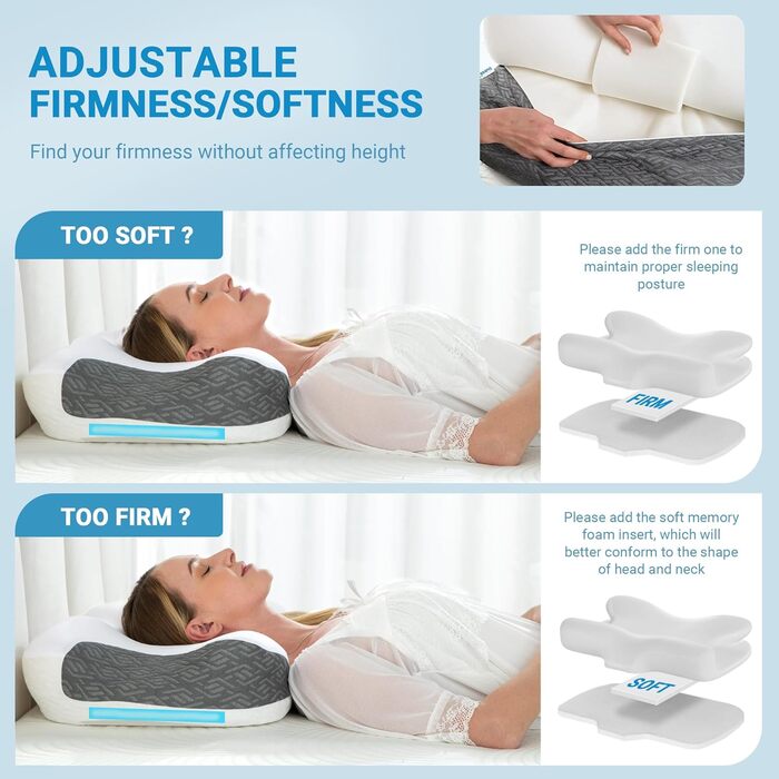 Подушка CPAP Elviros з піни Memory Foam для сну на боку, регульована по висоті та жорсткості, сумісна з масками, сіра (Нейлон, Еластан)