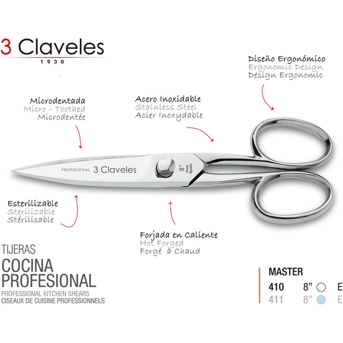 Кухонні ножиці 3 Claveles Master INOX 20 см, нержавіюча сталь, блискучі
