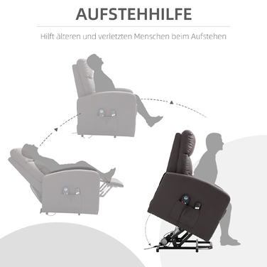 HOMCOM Recliner Chair with Rise Assist and Electric Massage Function, Reclining Function, Faux Leather, Brown, Comfortable Armchair with Remote Control