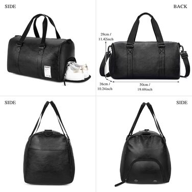 UBAYMAX Leather Sports Bag for Men, Travel Bag with Shoe Compartment and Wet Compartment, 37L Weekender Bag Carry-on Bag Training Bag Fitness Bag, Gym Bag Black