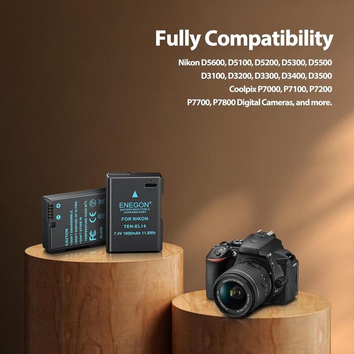 Зарядний пристрій ENEGON EN-EL14 20W з подвійним акумулятором, швидка зарядка, сумісний з Nikon D3100, D3200, D3300, D3400, D3500, D5100, D5200, D5300, D5500, D5600, Coolpix P7000, P7100, DF, LCD-дисплей, 2 USB-C для прямої зарядки камер