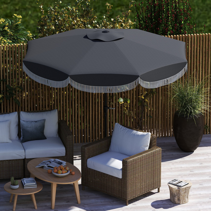 Сонцезахисний парасолька Outsunny Ø269 см, UV 30+ Парасолька восьмикутна, для балкона, пляжу, вітростійка, для ринку, з ручним механізмом, захист від сонця для пляжу, балкона, саду, темно-сіра | Aosom
