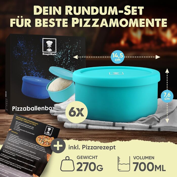 Pizza Ball Box with Lid, 6-Piece Set - Ideal as a pizza box, dough box, proofing box. Suitable for up to 350g of pizza dough. Non-stick silicone, freezer and dishwasher safe, food-grade.
