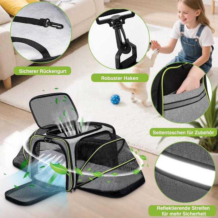 Транспортна сумка для котів та маленьких собак ALLSOPETS, розширювана, з підкладкою з флісу та кишенями (сірий & зелений)