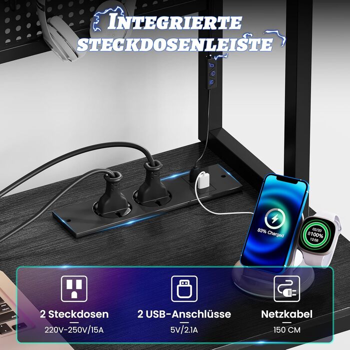 Кутовий ігровий стіл YOUDENOVA з перфорованою панеллю, полицями та USB-розетками, L-подібний робочий стіл з місцем для зберігання (Чорний, 155 x 100 x 152 см)