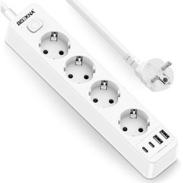 Розподільник розеток з 4 USB та захистом від перенапруги, 4000W, 16A, з вимикачем, 1.8м кабель, білий