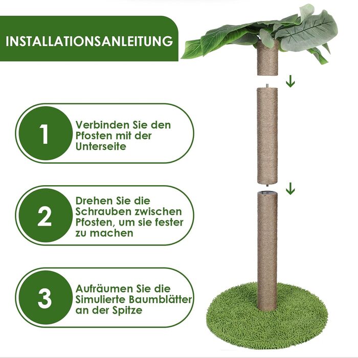 Zvonema Kratzbaum-Kratzstamm with 80 cm Scratching Post for Small and Large Cats, Sisal Rope Cat Scratching Tree with 1 Interactive Ball, Scratching Post Cat Furniture, for Indoor Activity, Play (Scratching Post with 85 cm, Green)