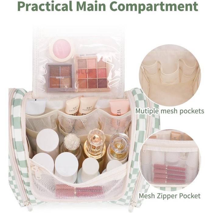Сумка для косметики та туалетних аксесуарів для жінок та чоловіків, підвісна, з сіткою (блакитне листя, м'ятно-зелена решітка)
