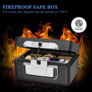 WASJOYE Portable Fireproof Safe Box with Key Lock - Home, Office, Car, Travel Security Box (6.8L, 16.8 x 32.4 x 39 cm)