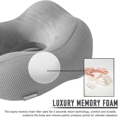 Подушка для шиї у подорожах, Memory Foam, сіра. Зручна та портативна подушка для сну в дорозі, кемпінгу та подорожей. Швидка упаковка.