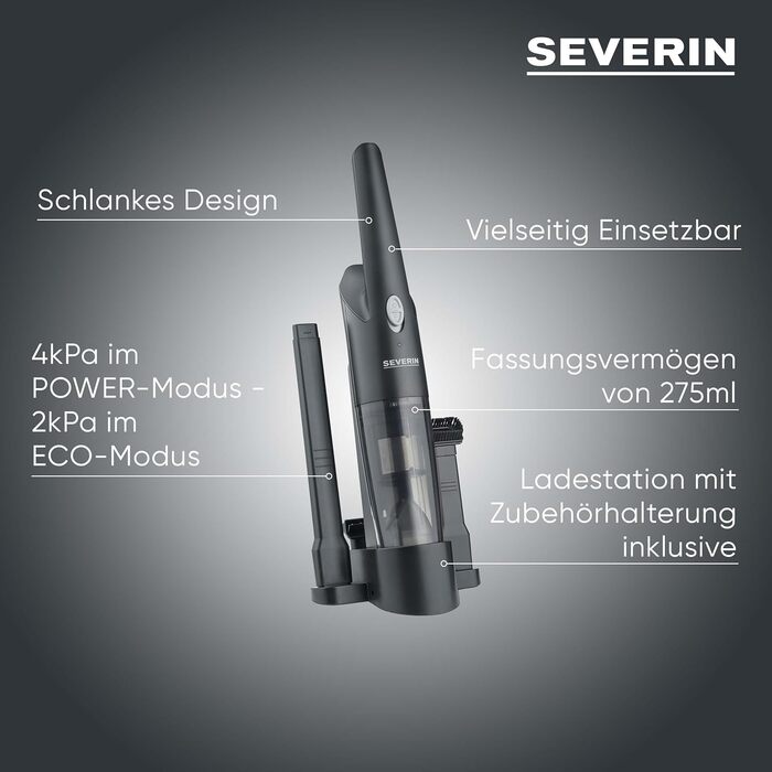SEVERIN HV 7132: Бездротовий ручний пилосос 3-в-1 (мокрий/сухий), чорний. 275 мл, до 25 хв роботи, з насадкою для меблів та Gummi-насадкою.