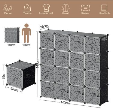 DIY Closet Shelf System with 16 Cubes, Wardrobe, Open Closet, Plastic Wardrobe with Doors, Wardrobe Cabinet, Black, 180 x 142 x 37CM (Black 16 Cubes with Clothes Hooks)