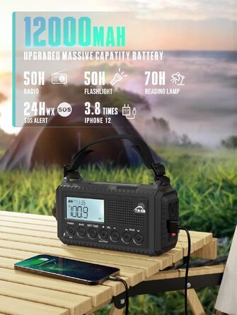 Радіо на механічній ручці з сонячною панеллю та Powerbank 12000mAh | FM/AM/SW радіо для екстрених ситуацій, зарядка USB-C, SOS-сигнал, ліхтарик та лампа для читання | Водонепроникне, портативне радіо для кемпінгу, туризму, чорне