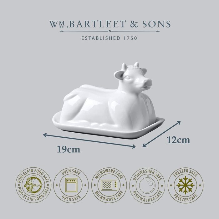 WM Bartleet & Sons 1750 Traditional Porcelain Butter Dish with Lid, Cow Design, 19 cm, White