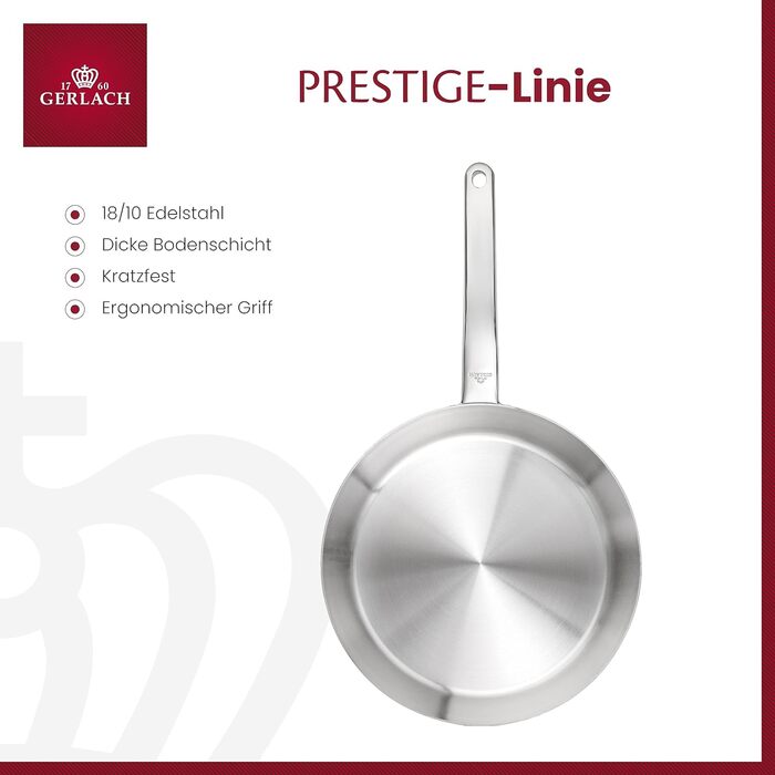 Сковорода Gerlach Prestige 24 см з нержавіючої сталі для газових, електричних, індукційних та керамічних плит - срібляста