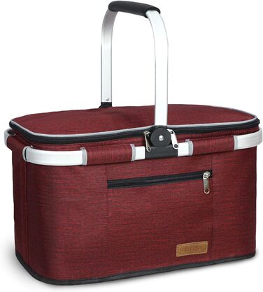 Термосумка-холодильник для покупок 35L, велика ізольована сумка-холодильник для обіду, офісу, кемпінгу, пікніка, подорожей, водонепроникний внутрішній кишень, міцна підтримка бокових стінок, винно-червоний колір
