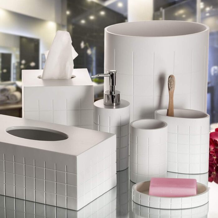 Набір аксесуарів для ванної кімнати, 6 предметів: дозатор для мила, тримач для зубних щіток, стакан, мильниця, тканинна коробочка та сміттєвий контейнер (елегантний, сучасний)