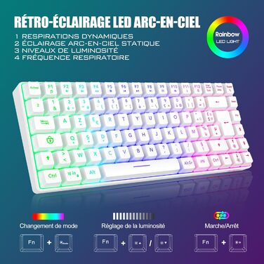 RedThunder K84 Combo: Бездротова клавіатура та миша USB, AZERTY (французька), 75% TKL, 3200 DPI (біла)