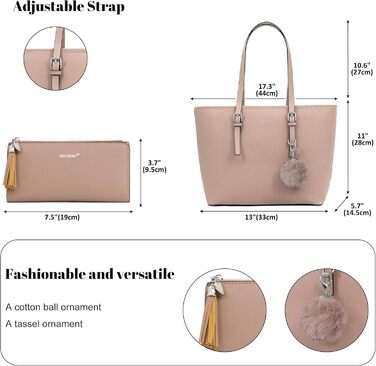 Сумка жіноча TANTOMI з гаманцем, велика, для офісу, школи, шопінгу, рожева з китицею та помпоном з штучного хутра