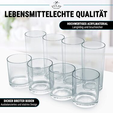 Zulay Unzerbrechlich Plastic Drinking Glasses, 8 Pack, Transparent, 4 each: 340 ml and 473 ml, Acrylic Cups for Kitchen – Unbreakable, BPA-free, Dishwasher Safe, Plastic Glasses Set