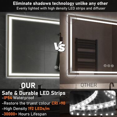 Дзеркало для ванної кімнати 50x70 см з LED-підсвічуванням, антизапарник, диммер, 3 кольори світла, Bluetooth