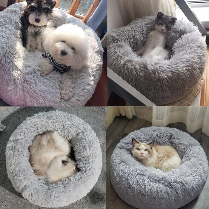 М'яке ліжко для котів та собак: кругле, плюшеве, миється, 70см/60см, білий/світло-сірий