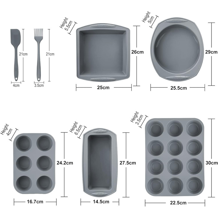 Набір форм для випічки Aschef: кекс, мафіни, хліб, піца. Силікон з антипригарним покриттям, скребок для тіста, пензлик, мірні ложки.