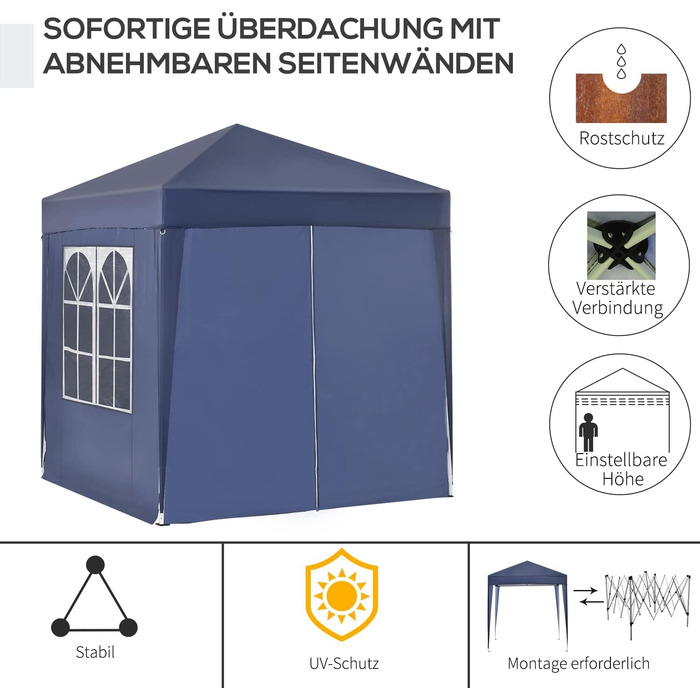 Outsunny 2x2m (6.5 x 6.5ft) Waterproof Pavilion, Pop-up Folding Canopy with 4 Side Walls, Drainage Holes Windows, Foldable Party Tent UV 30+, Garden Tent with Carrying Bag, Garden Pavilion for Patio, White (Blue)