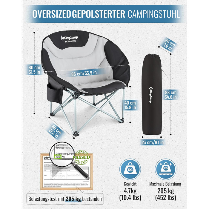 Крісло для кемпінгу KingCamp Moonchair XXL - зручне, м'яке, для відпочинку на природі, риболовлі, саду, балконі. Макс. вантажопідйомність 205 кг, з підстаканником та високою спинкою.