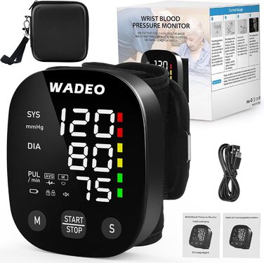 Цифровий тонометр WADEO на зап'ясті, мовлення 5 мовами, виявлення аритмії, портативний тонометр для дому та подорожей, 2 x 99 пам'ять, з батарейками та коробкою для зберігання, білий (чорний)