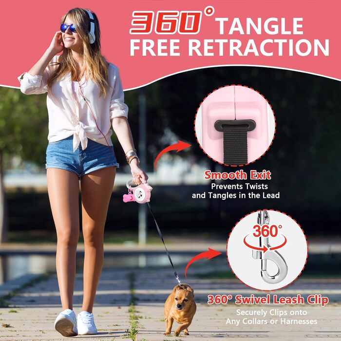 Висувна поводок для собак з LED-підсвіткою, 5 м, з мішками для собачого посліду, для собак маленьких та середніх порід до 25 кг, система гальма та блокування, ергономічна ручка, світло-рожевий колір