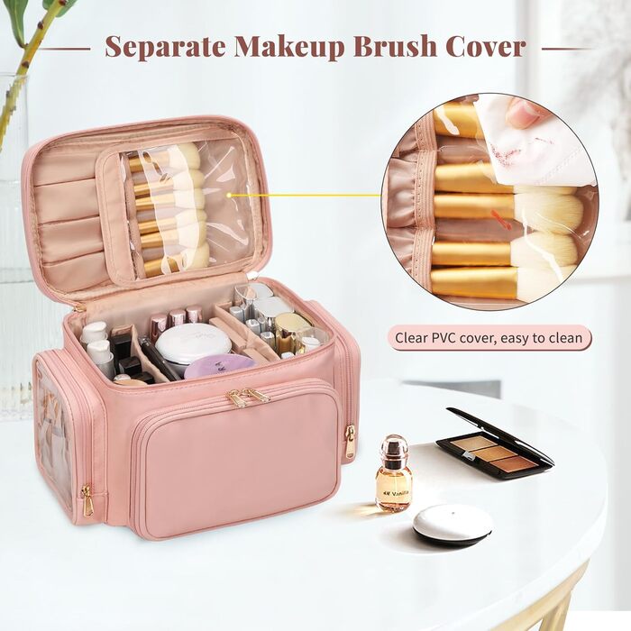 Косметичка велика для подорожей, жіноча косметичка з відділенням для пензлів, портативна органайзер для макіяжу (рожева)