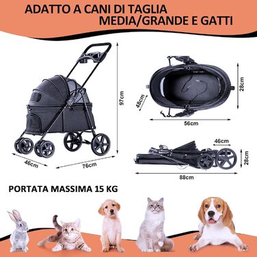 Візок для собак, складаний, переноска для тварин до 15 кг, чорний. Візок для котів та собак, переноска для тварин, бугі для собак