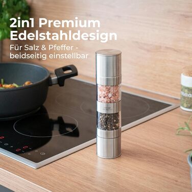 Мельниця для солі та перцю 2-в-1 з нержавіючої сталі | Ручна мельниця для спецій з керамічним жорном та регульованим ступенем помелу