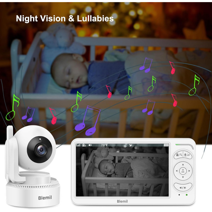 Відеоняня Blemil BL9064 з камерою, 6-дюймовий IPS дисплей, акумулятор 3000 mAh, ECO-режим, авто-нічне бачення, 2-сторонній аудіо, радіус дії 300 м, розпізнавання плачу