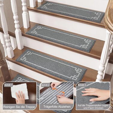 Килимочки на сходи BEQHAUSE, комплект 15 шт. Самоклеючі килимки на сходи для дітей, літніх людей та домашніх тварин, 100% поліестер, TPE-підкладка, 22x70 см (Сірий)