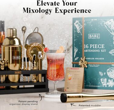 Набір бармена BARE BARREL® Mixology: 16-предметний сет для коктейлів з шейкером Коблер (24oz), інструментами для бару та 35 картками рецептів, золото/чорний