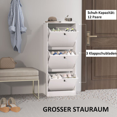 HOMCOM Shoe Cabinet with 3 Flaps, Shoe Storage Bench, Shoe Rack with Adjustable Partition, Narrow Shoe Chest for 12 Pairs of Shoes, 47 x 28 x 115 cm, White | Aosom